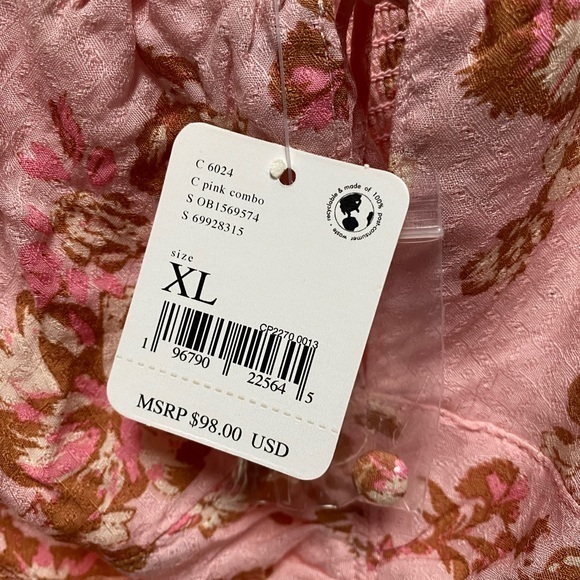 Free People Hilary floral pink Printed Top Pink Combo Boho crew summer NEW XL/XS - Picture 10 of 10